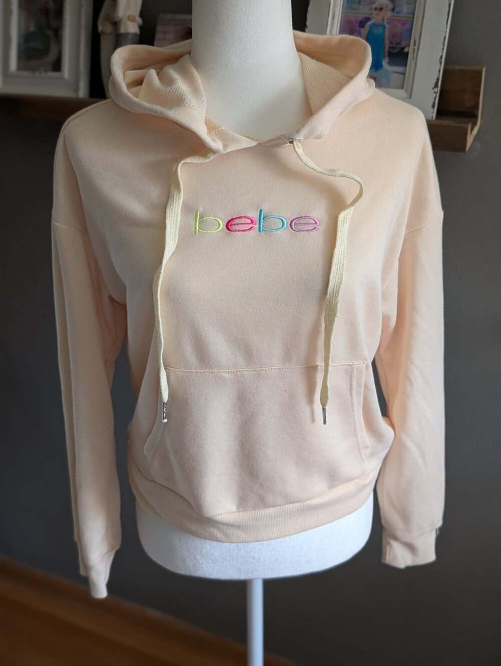 bebe sport Pale Yellow Embroidered Logo Pullover Hoodie Y2K Small Women's